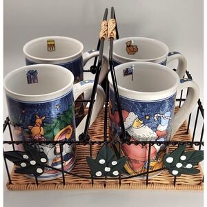 Vintage Susan Winget  Christmas Santa Mugs, 4X All Different W 4 Cup Holder